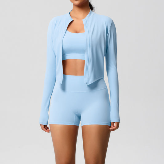Solid Color Cloud Sense Yoga Bra Sports Coat Pilates Running Shorts Fitness Yoga Wear Three Piece Set for Women - Iyanka