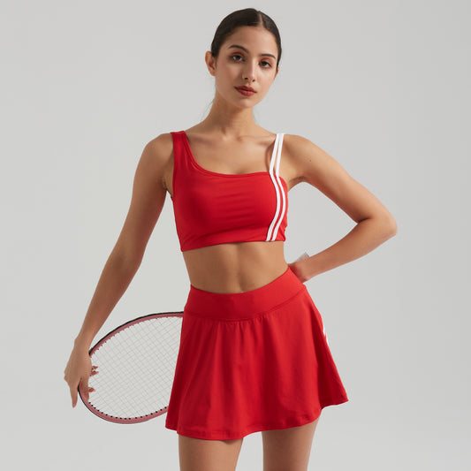 Contrasting Color Thread Yoga Clothes Sports Women Removable Bra Faux Two Piece Anti Exposure Half-Body Tennis Skirt Two Piece Sets - Iyanka