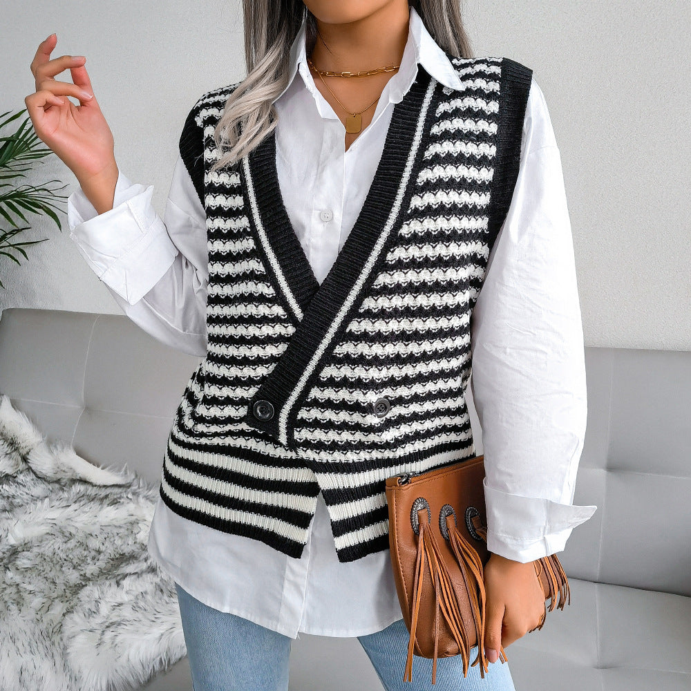 Stripe College Knitted Vest Sweater Women Clothing - Iyanka