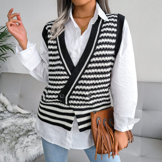 Stripe College Knitted Vest Sweater Women Clothing - Iyanka