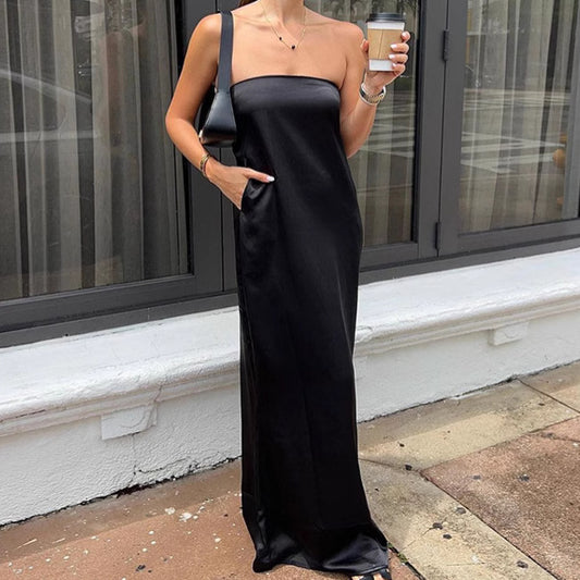Black Sexy Tube Top Satin High Waist Loose Dress Summer Dress Women - Iyanka