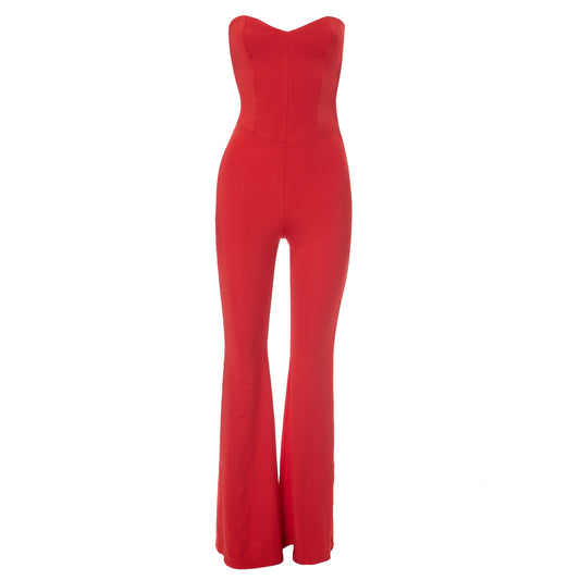 Women Spring Summer Tube Top Backless Lace up Cutout Solid Color Sheath Slightly Flared Jumpsuit - Iyanka