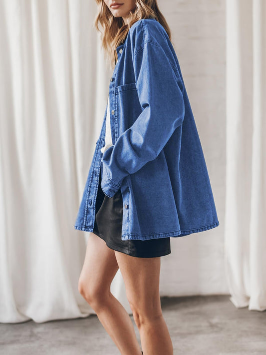 Retro Hong Kong Collared Denim Coat Women Blue Large Pocket Loose Casual Jacket - Iyanka