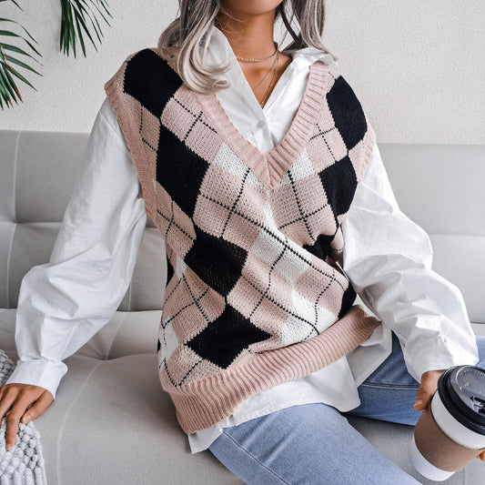 Autumn Winter College Rhombus V-neck Casual Loose Knit Vest Sweater Women Clothing - Iyanka