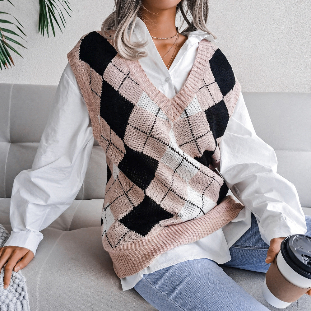 Autumn Winter College Rhombus V-neck Casual Loose Knit Vest Sweater Women Clothing - Iyanka