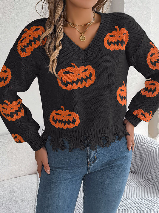 Autumn Winter Halloween Contrast Color Pumpkin Cut Rotten Long Sleeve Pullover Women Clothing - Iyanka