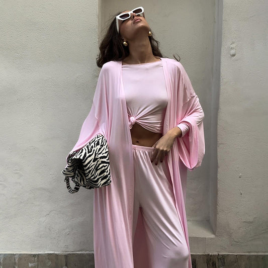 Summer Pajamas Three Piece Knitted Solid Color Top Trousers Loose Comfortable Home Wear - Iyanka
