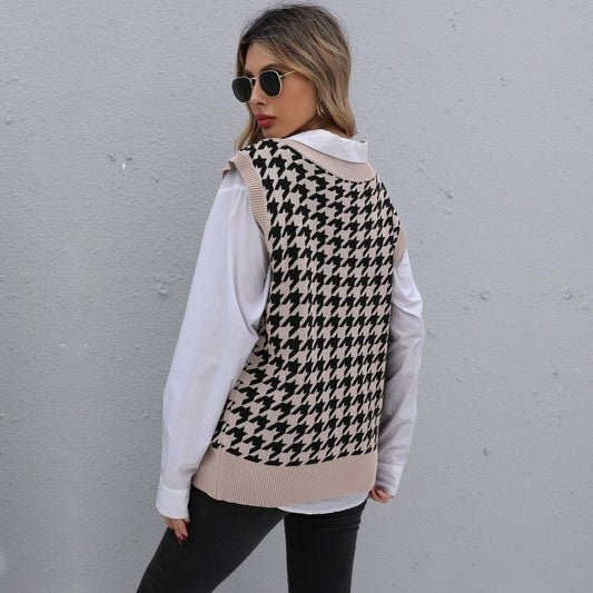 Early Autumn Women Wear Mid Length Houndstooth Sweater Vest for Women - Iyanka