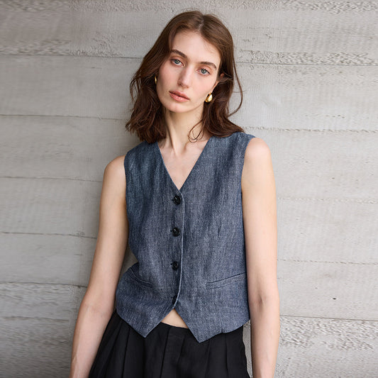 V neck Yarn Dyed Pure Linen Vest for Women Special Interest Design Vest Summer French Bandage Dress Vest - Iyanka