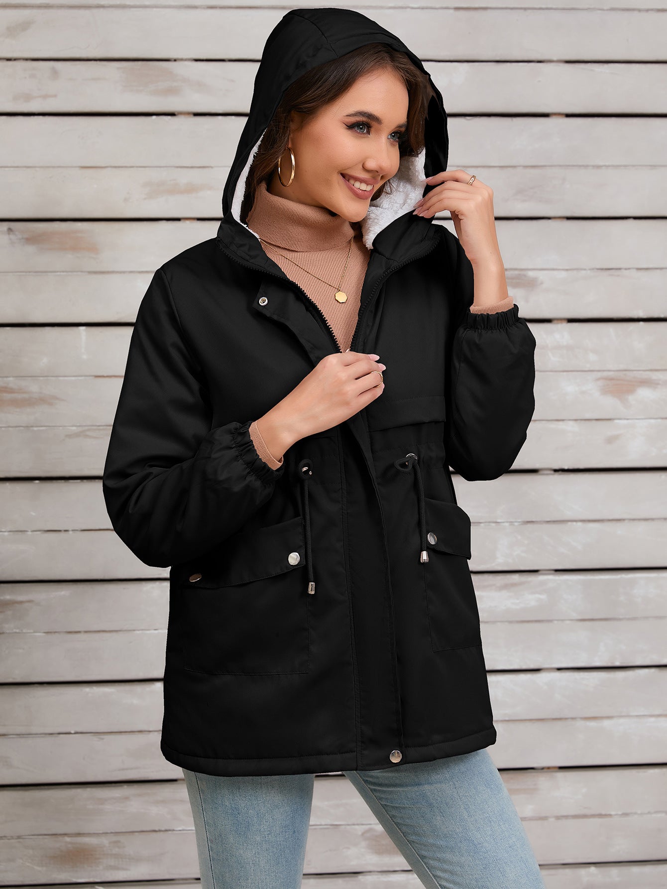 Women Explosive Fur Liner Hooded Zipper Coat Autumn Winter Warm Thickening Shell Jacket - Iyanka