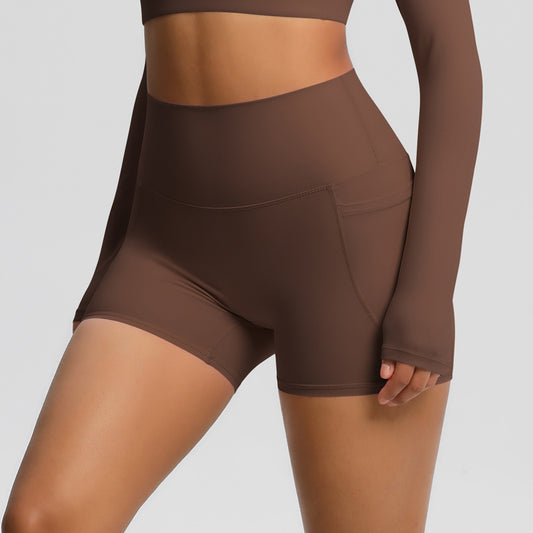 Solid Color Ribbon Pocket Yoga Pants Sports Fitness Shorts Breathable High Waist Belly Contracting Yoga Shorts for Women - Iyanka