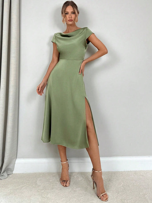 Women Clothing High Grade Summer Split Artificial Silk Dress Satin Long Dress - Iyanka