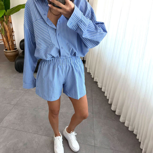 Summer Striped Cardigan Long Sleeved Women Shirt Shorts Two Piece Set - Iyanka