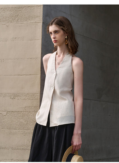 Elegance Retro V neck Halter Sling Women Tencel Linen Bare Back Lace up Sleeveless Top Linen Sexy Vest Summer - Iyanka