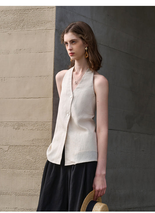 Elegance Retro V neck Halter Sling Women Tencel Linen Bare Back Lace up Sleeveless Top Linen Sexy Vest Summer - Iyanka