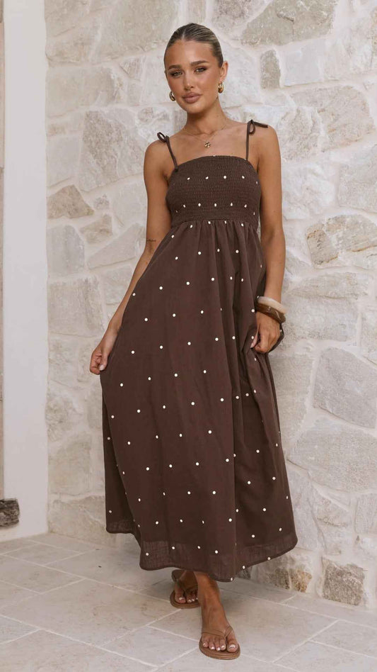 Polka Dot Printing Slip Dress Summer Tied High Waist Dress Women Dress