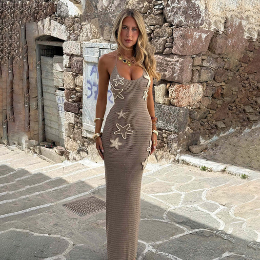 Sexy Sleeveless Halterneck with Suspenders Tied High Waist Elegant Knitted Dress - Iyanka