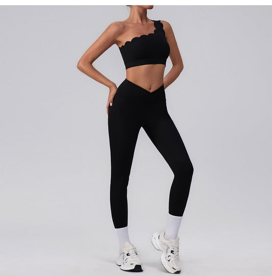 Yoga Wear Lace One Shoulder Bra off Shoulder Sports Vest Women Cross High Waist Fitness Pants - Iyanka