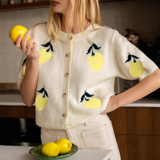 Fall Mango Pattern Knitwear Casual Short Sleeve Button Sweater Top Women - Iyanka