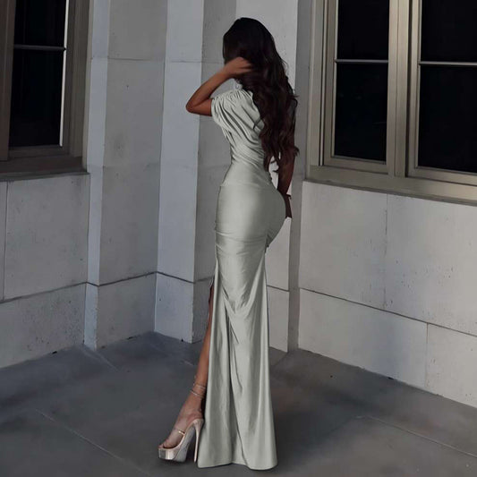 Winter Sexy Slim Fit Cropped Split Dress Solid Color Skinny Sheath Dress