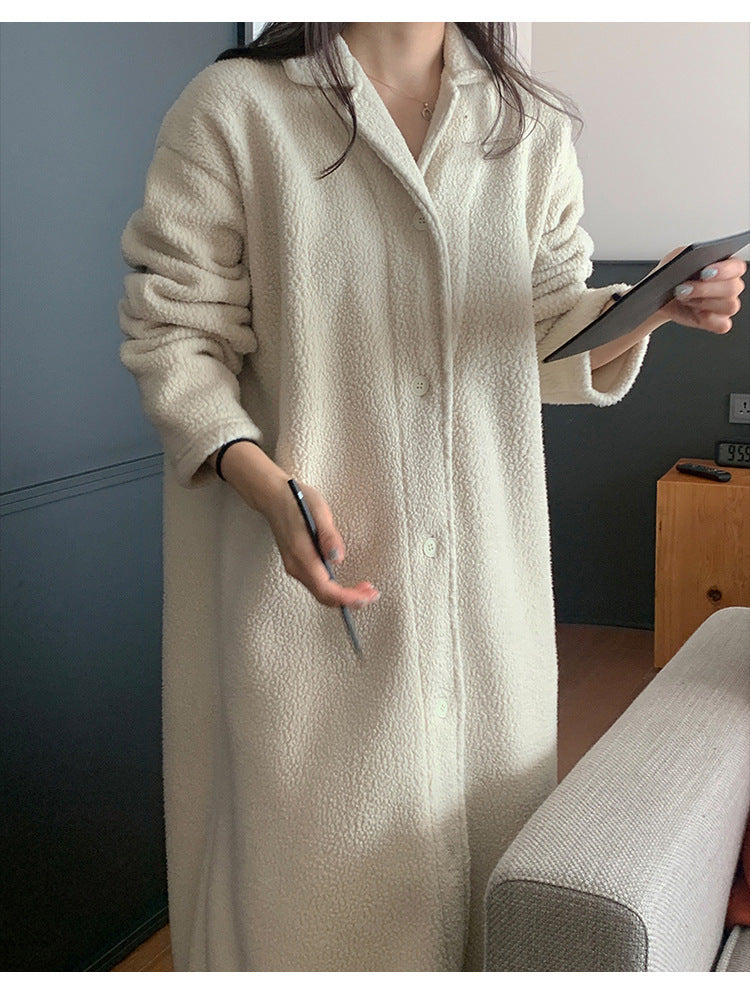 Korean Autumn Winter Lamb Wool Home Wear Suit High Grade Collared Cardigan Teddy Plush Thick Thermal Pajamas - Iyanka