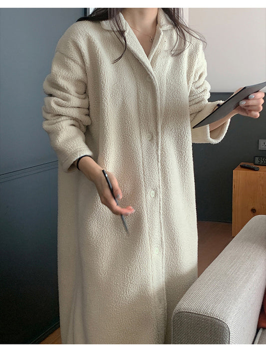 Korean Autumn Winter Lamb Wool Home Wear Suit High Grade Collared Cardigan Teddy Plush Thick Thermal Pajamas - Iyanka