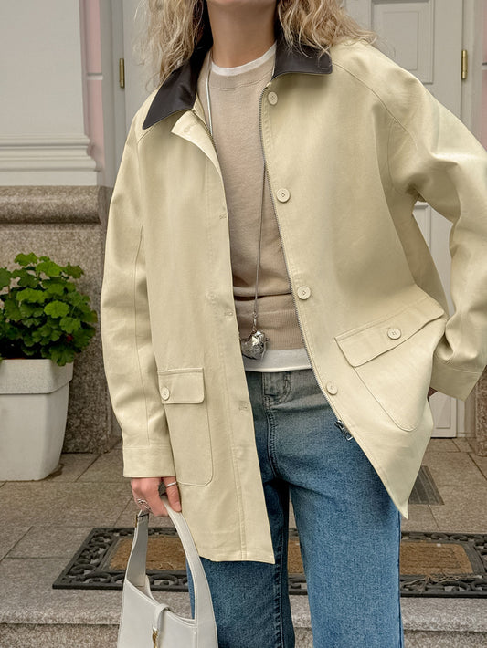 Retro Lapels Pure Cotton Contrast Color Loose Casual Jacket Autumn Winter Coat - Iyanka