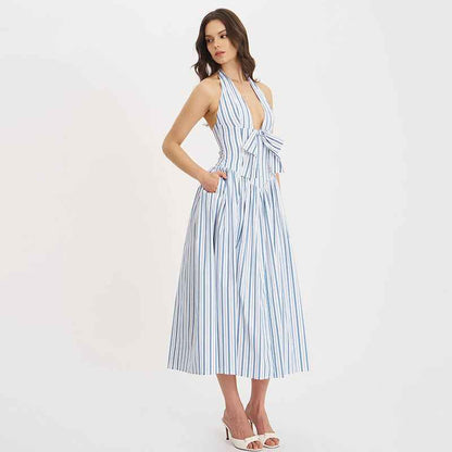 Summer Striped Backless Dress for Women with French Bow Halter Design