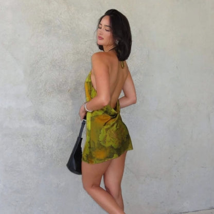 Women Clothing Spring Summer Sexy Hollow Out Cutout Backless Lace Printing Hip Dress