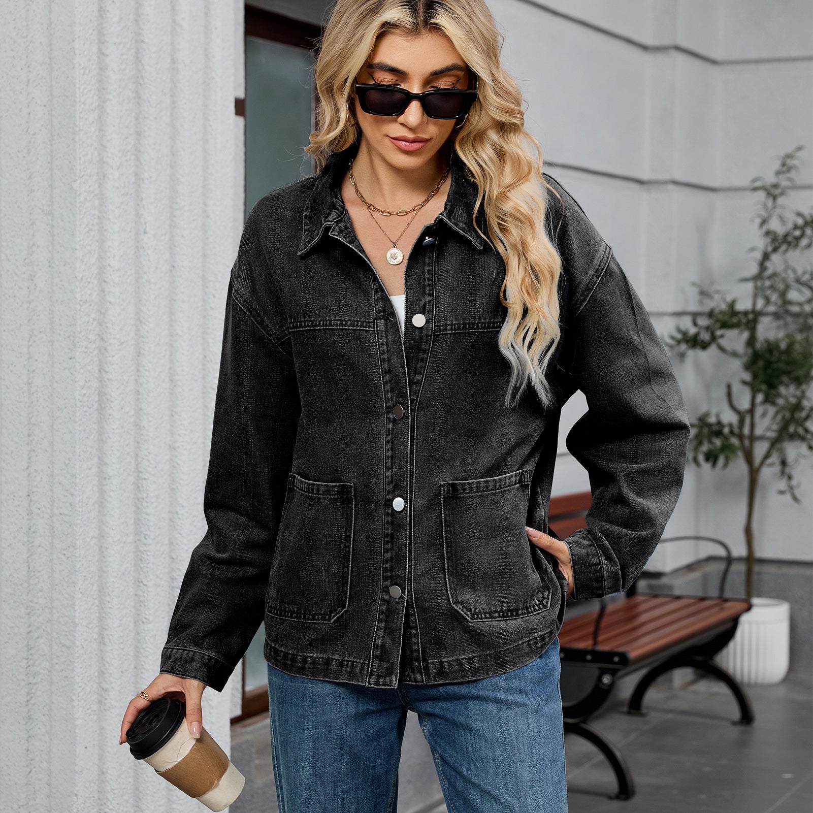 Women Clothing Retro Loose Casual Long Sleeve Coat Early Autumn Polo Collar Denim Coat - Iyanka