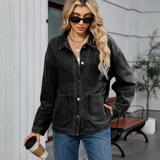 Women Clothing Retro Loose Casual Long Sleeve Coat Early Autumn Polo Collar Denim Coat - Iyanka