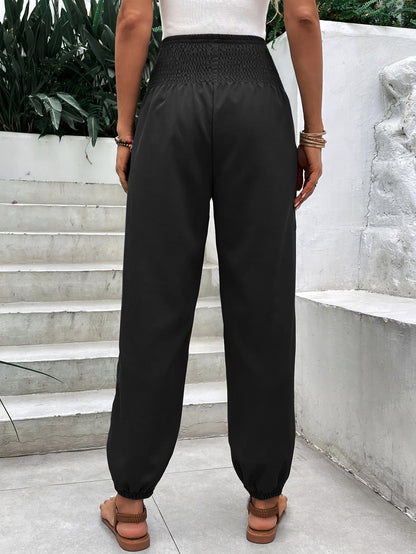 Women Clothing Elastic Waist High Waist Wide Leg Ankle Length Pants - Iyanka