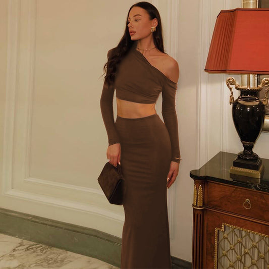 Best Seller in Women Clothing Summer Shoulder Baring Long Sleeved Top Slim Skirt Two Piece Sets Women - Iyanka