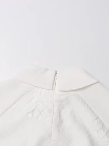 Retro Autumn Polo Collar Long Lantern Sleeve Mid Length with Embroidery Hollow Out Cutout out Solid Color Dress for Women