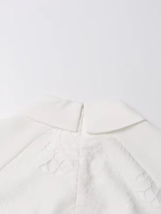 Retro Autumn Polo Collar Long Lantern Sleeve Mid Length with Embroidery Hollow Out Cutout out Solid Color Dress for Women