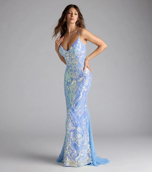 Women Party V neck Blue SequinSexy Dress Evening Dress - Iyanka