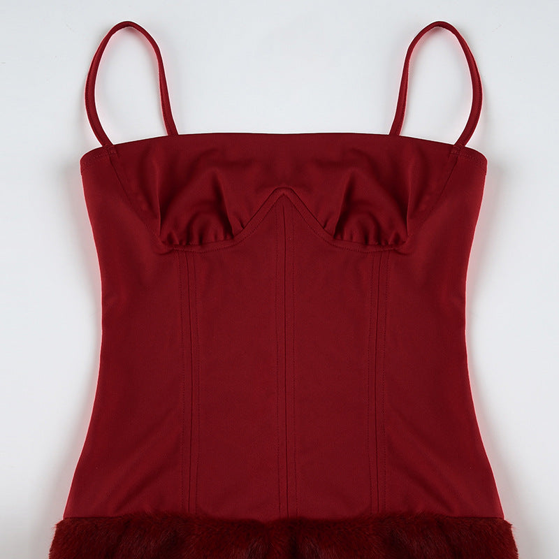 Spring Summer Arrival Christmas Year Sexy Spaghetti Straps Corset Plush Sheath Dress Short Women