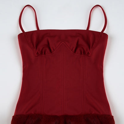 Spring Summer Arrival Christmas Year Sexy Spaghetti Straps Corset Plush Sheath Dress Short Women