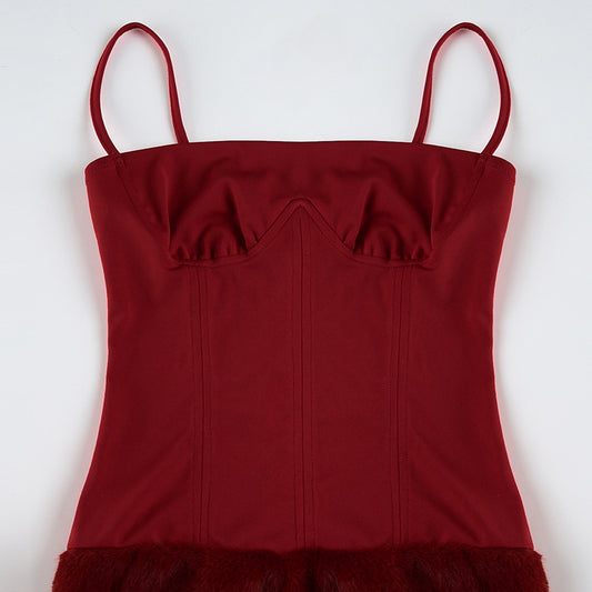 Spring Summer Arrival Christmas Year Sexy Spaghetti Straps Corset Plush Sheath Dress Short Women