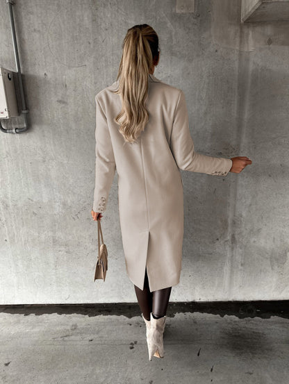 Autumn Winter Women Clothing Long Sleeve Polo Collar Solid Color Double Breasted Slim Fit Coat Overcoat - Iyanka