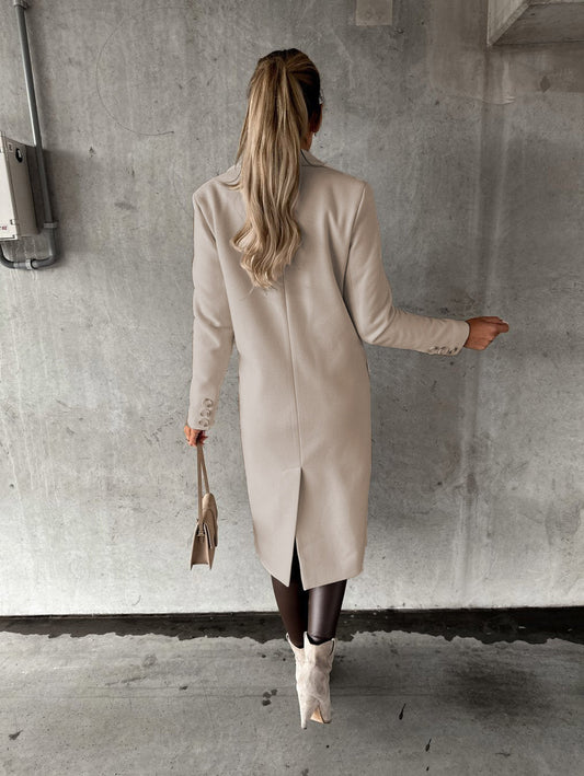 Autumn Winter Women Clothing Long Sleeve Polo Collar Solid Color Double Breasted Slim Fit Coat Overcoat - Iyanka