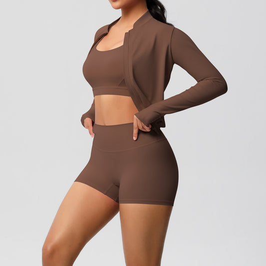 Solid Color Cloud Sense Yoga Bra Sports Coat Pilates Running Shorts Fitness Yoga Wear Three Piece Set for Women - Iyanka