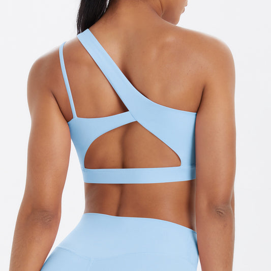 Solid Color One Shoulder Beauty Back Yoga Bra Nude Feel Push up Sports Bra Irregular Asymmetric Shoulder Strap Sports Vest for Women - Iyanka
