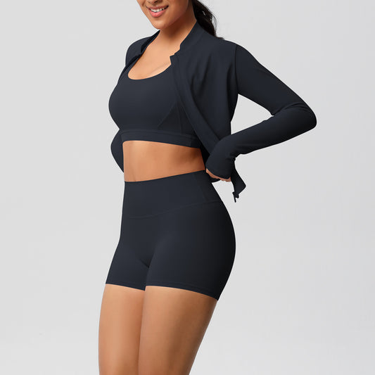 Solid Color Cloud Sense Yoga Bra Sports Coat Pilates Running Shorts Fitness Yoga Wear Three Piece Set for Women - Iyanka