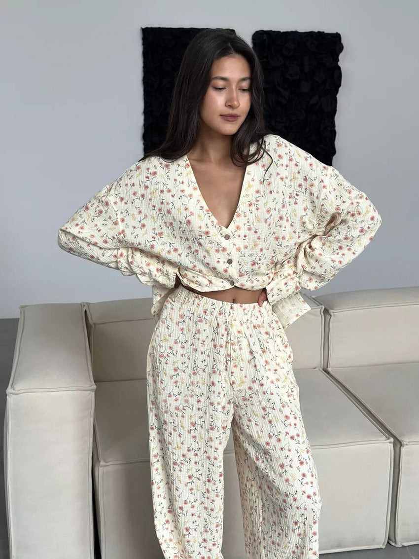 Loose Comfortable Homewear Spring Pure Cotton Printed Long Sleeved Trousers Comfortable Pajamas Women - Iyanka