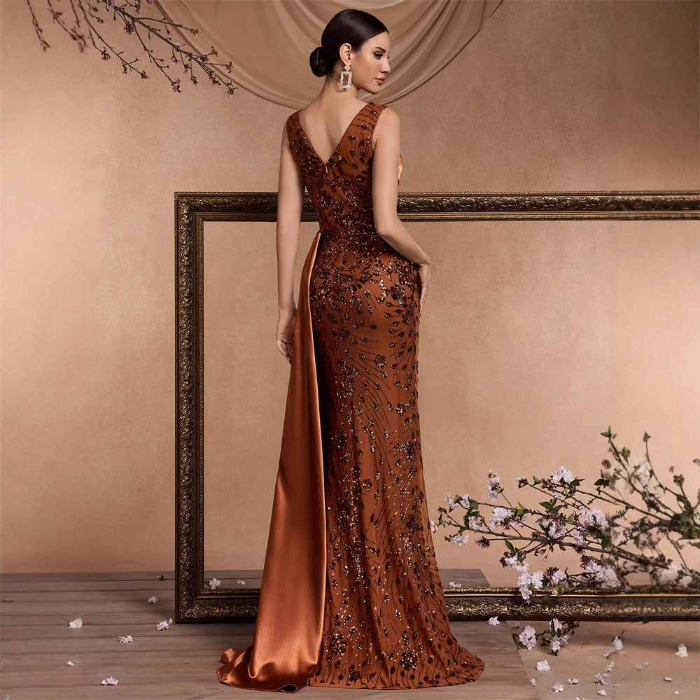 Elegant Sequin Stitching Fit V neck Sleeveless Elegant Gorgeous Noble Cocktail Party Formal Dinner Dress - Iyanka