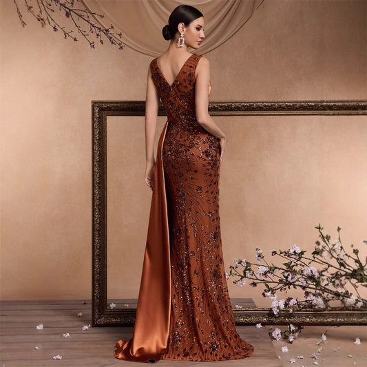 Elegant Sequin Stitching Fit V neck Sleeveless Elegant Gorgeous Noble Cocktail Party Formal Dinner Dress - Iyanka