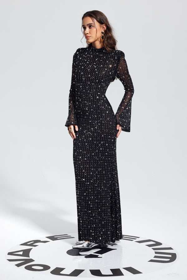 Arrival Black Dress Sexy Strap Rhinestone Tight Long Sleeve Dress