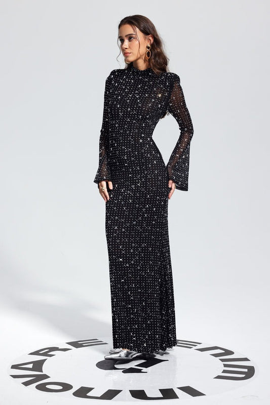 Arrival Black Dress Sexy Strap Rhinestone Tight Long Sleeve Dress