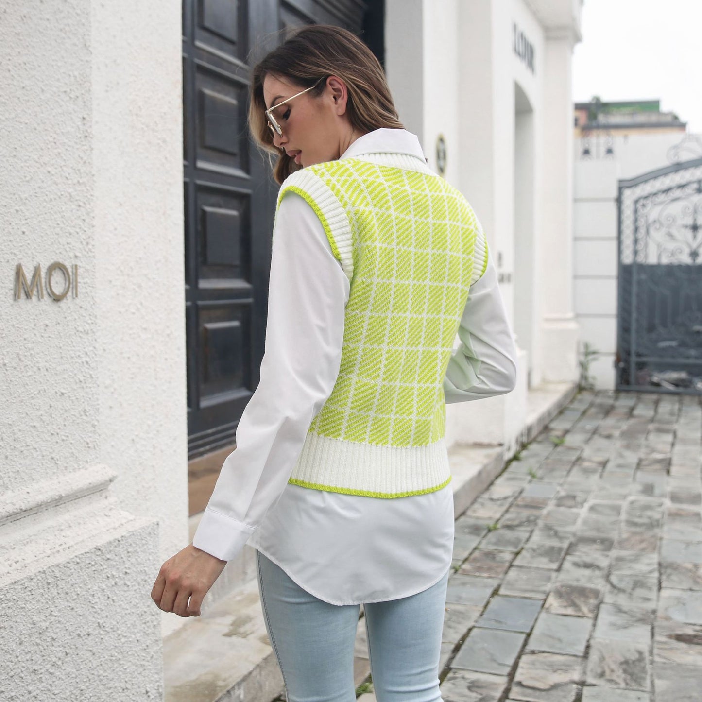 Plaid Striped V-neck Vest Sweater Women Vest Outer Wear Inner Wear Autumn Winter Knitwear Sweater - Iyanka